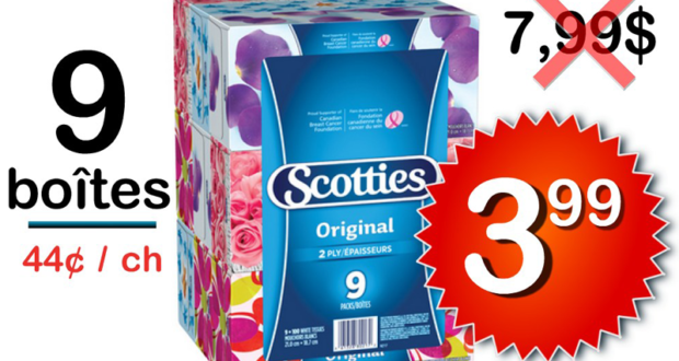 3.99$ Emballage de 9 boîtes de papier mouchoirs Scotties