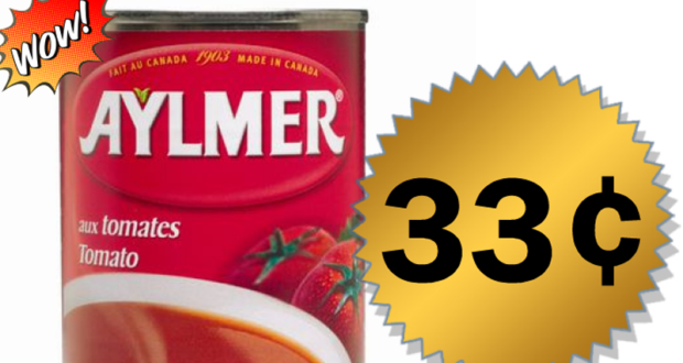 Soupe aux tomates Aylmer à 33¢ chez metro