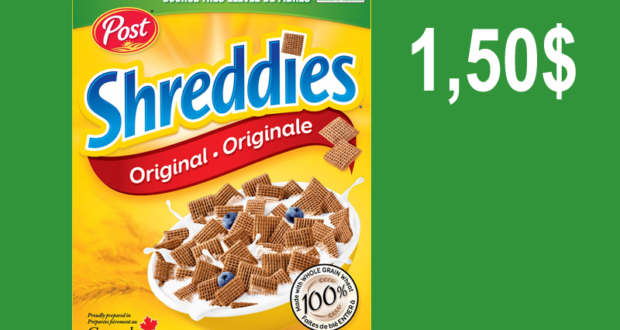 Céréales Shreddies Post 550g à 1,50$