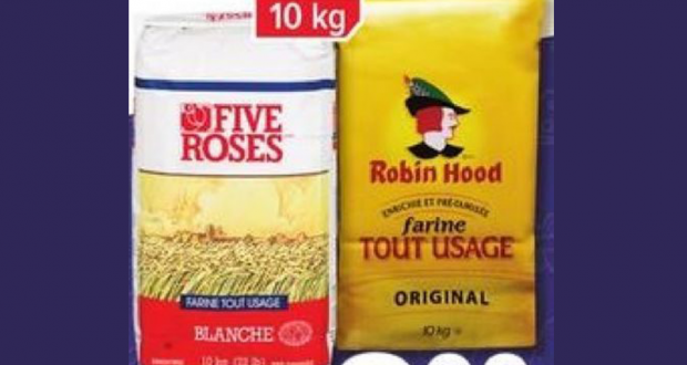 Farine tout usage Five Roses ou Robin Hood 10kg à 8,77$